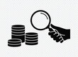© Toufiqul - Hand holding magnifying glass over stacked coins symbolizing financial research