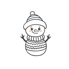 Wall Mural - cute cartoon snowman with a hat in doodle style. Christmas Coloring page. Vector illustration