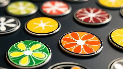A detailed view of different buttons on a flat surface, ideal for illustrating concepts related to interfaces or control panels