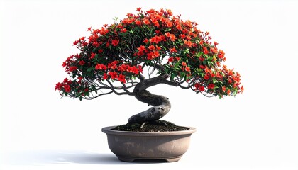 A potted bonsai with tiny red flowers realistic organic detail white background with clean shading
