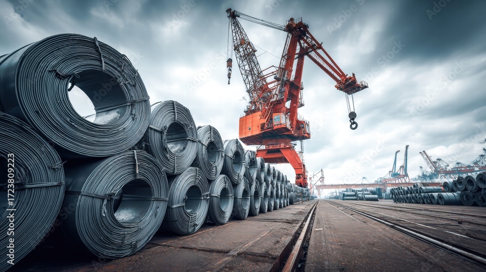 Industrial scene with steel coils and a large crane in a commercial ...