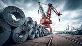 Industrial scene with steel coils and a large crane in a commercial port setting.