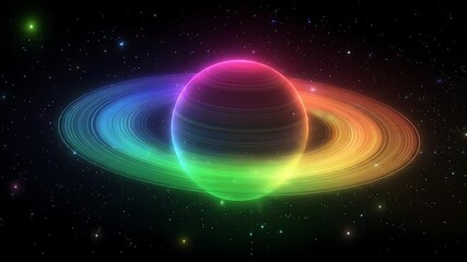 Rainbow hued planet with visible rings against a starry black sky, outer space