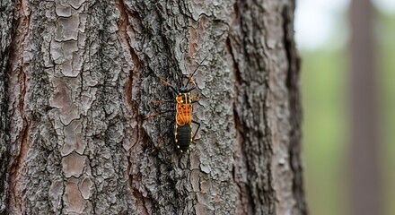 Vibrant assassin bug climbing rough bark texture in a natural forest