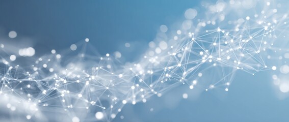 Abstract network design on a soft blue background.  Interconnected points and lines create a flowing, dynamic pattern