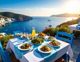 Greek seaside tavern table set on a sunny port with traditional food