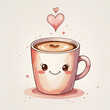 © Tetiana - Cute kawaii coffee cup with smiling face and pink heart, watercolor style illustration perfect for Valentine’s Day, love design, posters, and greeting cards.
