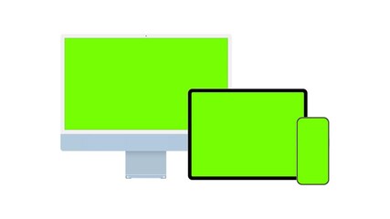 Wall Mural - Animated mockup with blue monitor, horizontal tablet and smartphone with green screens on white background. Clean minimal animation with zoom effect for design, app and marketing showcase
