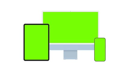 Wall Mural - Animated mockup with blue computer monitor, tablet and phone with green screens on white background. Dynamic movement forward with zoom effect, perfect for design, app and marketing showcase