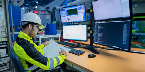 Engineer working at control room,Manager control system,Technician man monitoring program from a lot of monitor