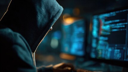 Cybersecurity hacker in dark hoodie working on computer with code on screen