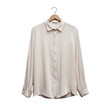 © Majnu - Cream Silk Long Sleeve Collared Button Up Shirt Hanging on Wooden Hanger clothing fashion, Isolated On White, Png Transparent, Cut Out