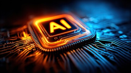 An illuminated AI chip, representing the core of artificial intelligence in technology.