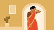 © Megla - Vector art of woman in orange sari standing in an archway with a cactus and stamp
