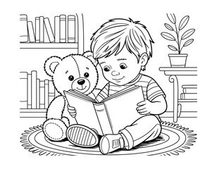 Young Boy and Teddy Bear Reading Together in Cozy Black and White Illustration