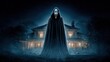 © Ksu_Sha - Haunted house at night with giant ghostface figure in black cloak standing under starry dark sky