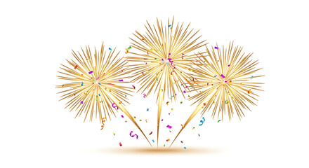 Three golden fireworks exploding with colorful confetti isolated on white background