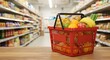 © Hisamsyah - Red shopping basket with fresh food like fruits and vegetables, plus groceries, against a supermarket aisle, ideal for food and eats online buying and delivery concepts