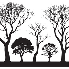 vector art of silhouette of trees, creating a stark and graphic nature scene with a mix of bare and 