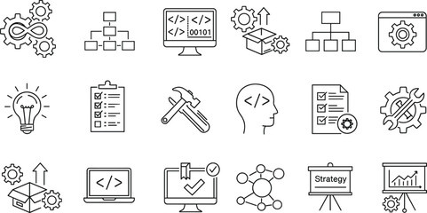 Software development icons set, coding, programming, workflow, project strategy, web design, IT tools, vector illustration