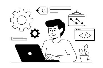 Focused developer coding on laptop surrounded by technology and gears, illustrating innovation and productivity.
