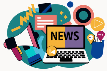 Modern illustration of news and media concept with laptop displaying news, megaphone, play buttons, and communication icons on a