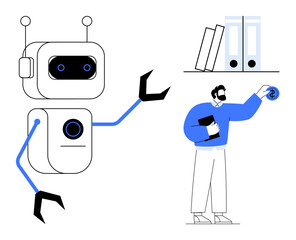 Wall Mural - Robot extending an arm toward a person placing a coin symbol, shelves with files and books. Ideal for finance, AI, automation, innovation, teamwork, future concepts, simple flat metaphor
