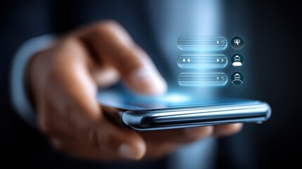A hand using a smartphone with a futuristic glowing user interface