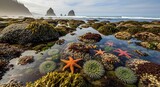 Vibrant Tide Pools with Starfish and Sea Anemones on a Rocky Oregon Coastline.