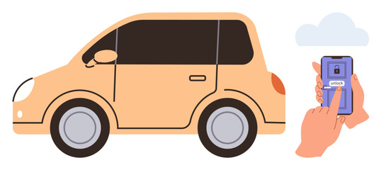Hands holding smartphone with app unlocking car via digital key. Ideal for car technology, mobility, innovation, remote control, IoT, safety, and convenience themes. Simple flat metaphor