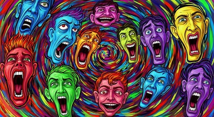  Vibrant Faces in a Psychedelic Spiral of Emotions.