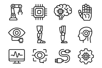 Futuristic technology icons: robotics, ai, and human augmentation in linear style