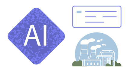 AI emblem, communication interface, and industrial plant concept. Ideal for innovation, automation, technology, communication, data processing industry energy solutions. Simple flat metaphor