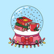©  Aesthetic Design - Vector art of cozy winter scene inside a snow globe featuring a stack of books and a steaming mug of hot chocolate, perfect for holiday reading and warm beverages