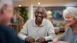 © forenna - A group of retirees plays cards in a lively community center with poker chips laughter and vintage posters on the walls rendered in a jovial photo with card textures