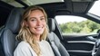 © Cryvaris - A beautiful woman smiles happily while sitting inside a modern car on a sunny day.