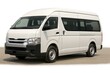 © EcoNature Studio - White passenger van with high roof on a light brown surface