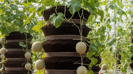 Wall Mural - Medium view of soilbased vertical melon stacks highlighting rich earth layers supporting robust melon vines inside a bright greenhouse.