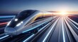 © Lucas - Generative AI AI Train Speeding into the Future High speed Futuristic Artificial intelligence Transportation Railroad Railway Sunset Sunrise Motion Speed - High Quality