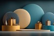 © Georgii - Minimalist gift podium display with decorative golden and blue elements
