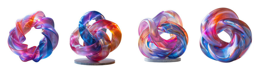 Four abstract, colorful, intertwined knot sculptures, isolated on transparent background