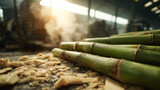 Fresh sugarcane stalks on processing table with fibrous shavings and warm sunlight