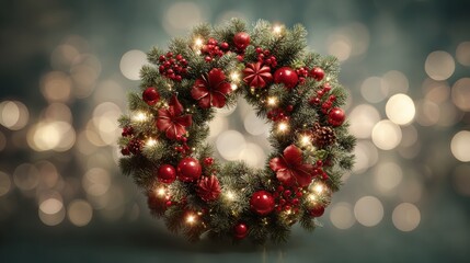 Wall Mural - festive christmas wreath with lights and red ornaments a perfect holiday decoration