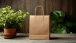 © MDSakib - A brown paper shopping bag with twisted handles sits beside a green potted plant on a wooden surface