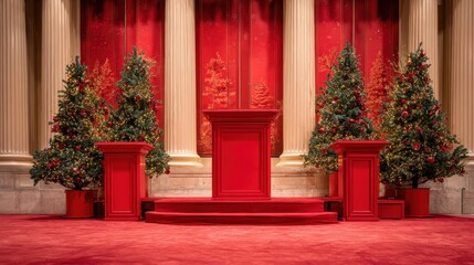Wall Mural - christmasthemed podium display featuring festive red decor and holiday trees