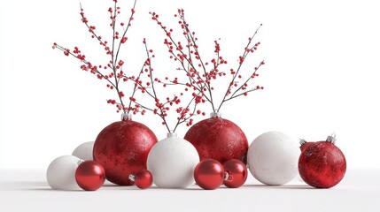 Wall Mural - red and white christmas ornaments and branches isolated on a white background