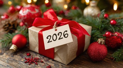 Wall Mural - gift with a red ribbon and 2026 card amidst festive decor
