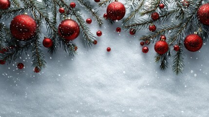 Wall Mural - festive backdrop featuring pine branches and red ornaments on a snowy surface