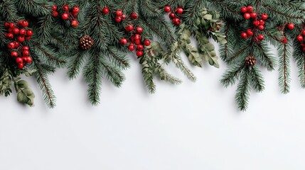 Wall Mural - festive holiday adornments with pine foliage against a plain white backdrop