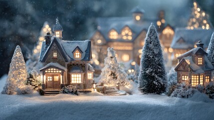 Wall Mural - charming christmas village scene with glowing house and snowcovered trees festive holiday decor